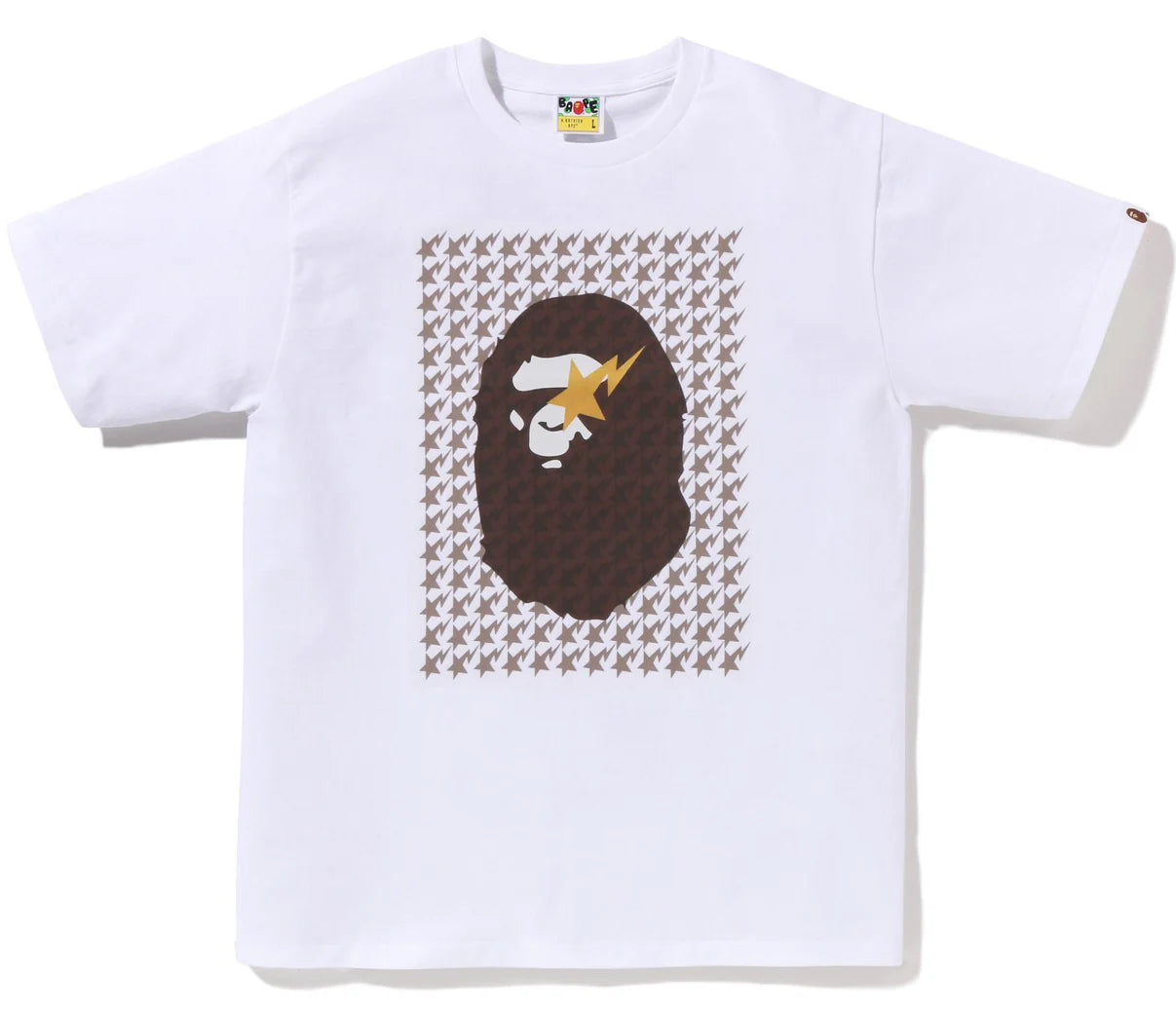 A BATHING APE BAPE STA HOUNDSTOOTH APE HEAD TEE WHITE BROWN