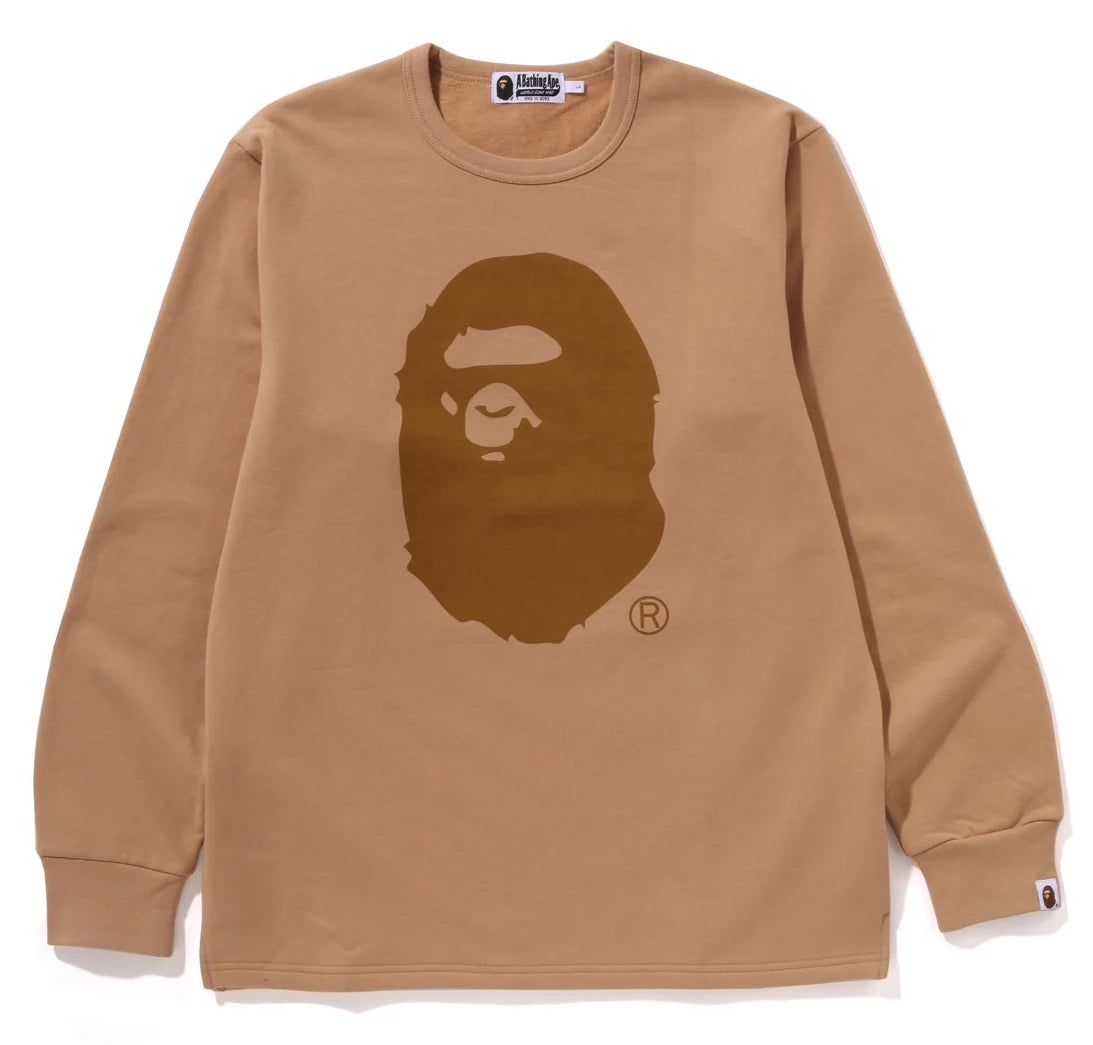 A BATHING APE BAPE APE HEAD BRUSHED COTTON L/S TEE BEIGE
