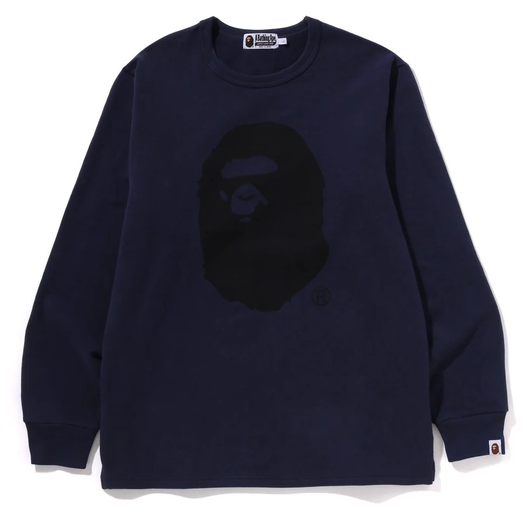 A BATHING APE BAPE APE HEAD BRUSHED COTTON L/S TEE NAVY