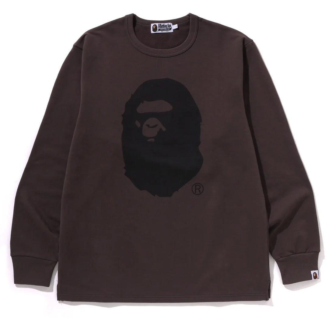 A BATHING APE BAPE APE HEAD BRUSHED COTTON L/S TEE CHARCOAL