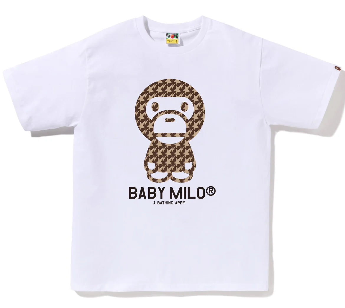 A BATHING APE BAPE STA HOUNDSTOOTH BABY MILO TEE WHITE BROWN