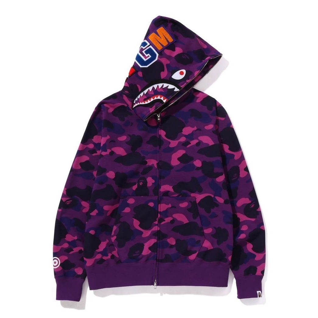 A BATHING APE BAPE COLOR CAMO WGM SHARK FULL ZIP HOODIE PURPLE
