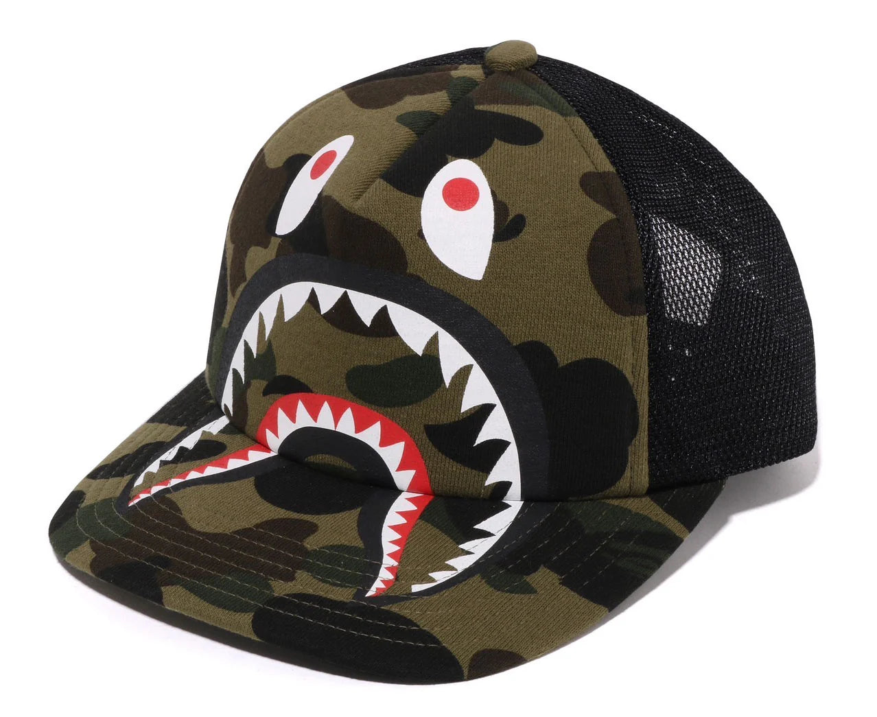 A BATHING APE BAPE 1ST CAMO SHARK MESH CAP GREEN