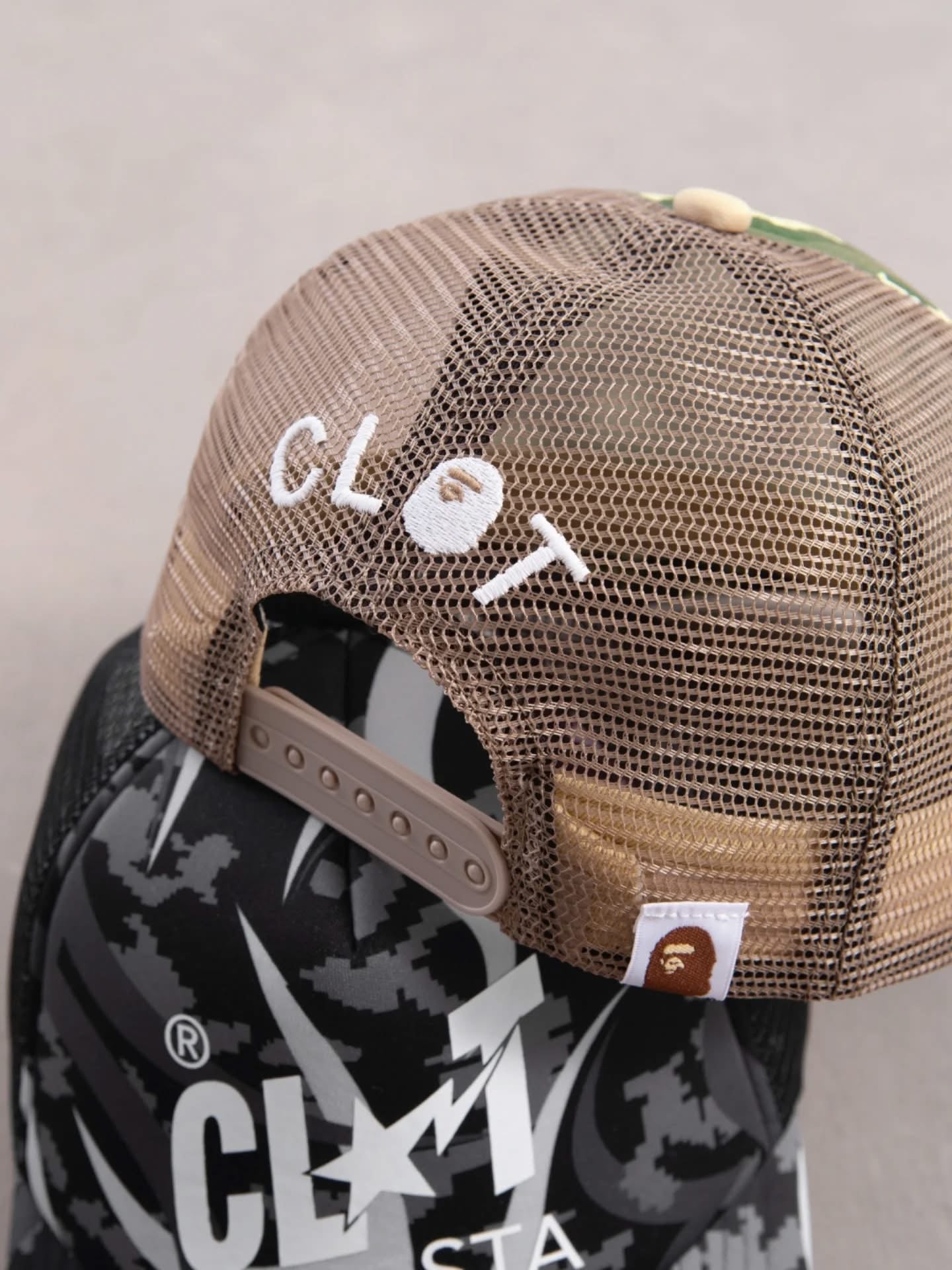A BATHING APE BAPE CLOT CAMO TRUCKER CAP BLACK