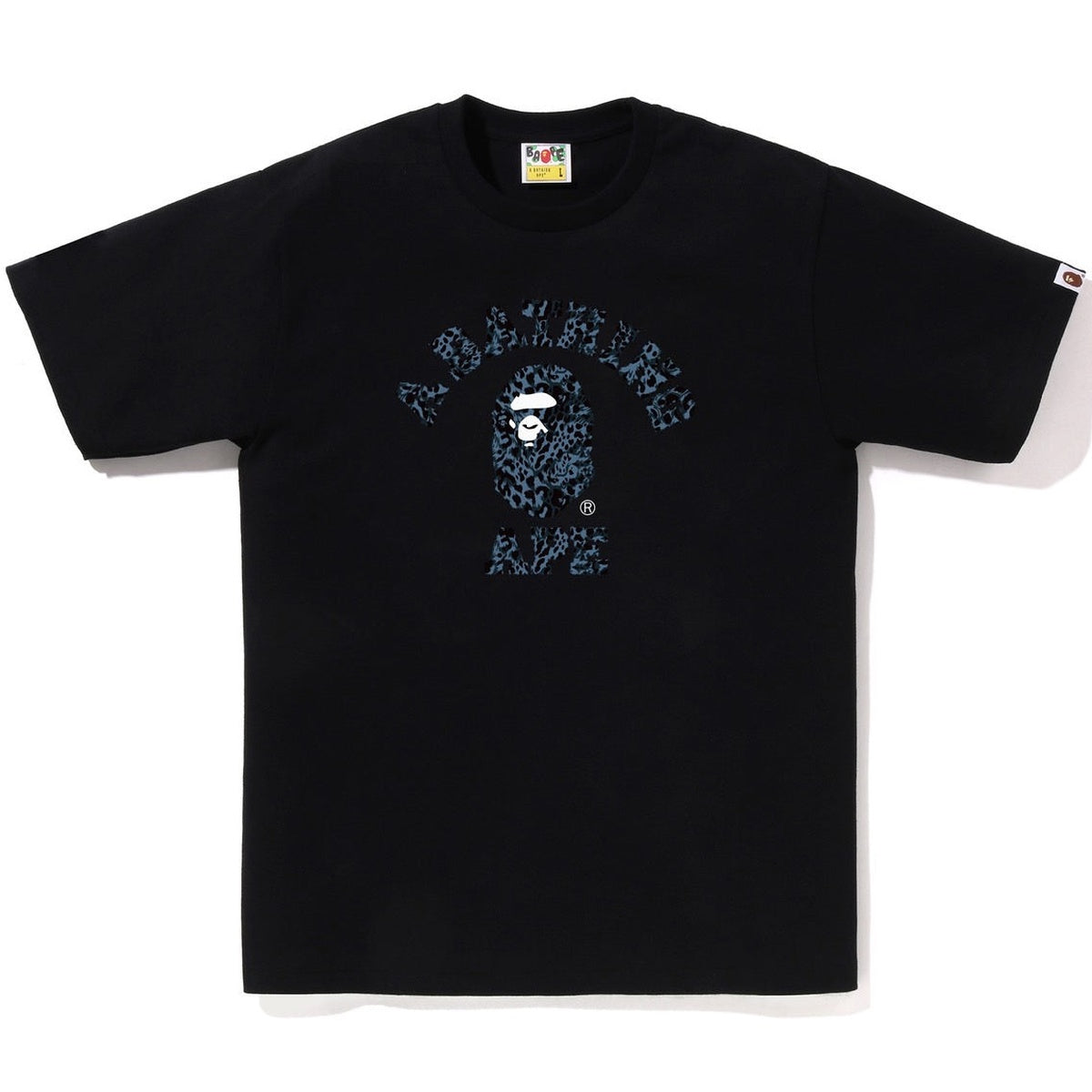 A BATHING APE BAPE WILD LEOPARD PATTERN COLLEGE TEE BLACK NAVY