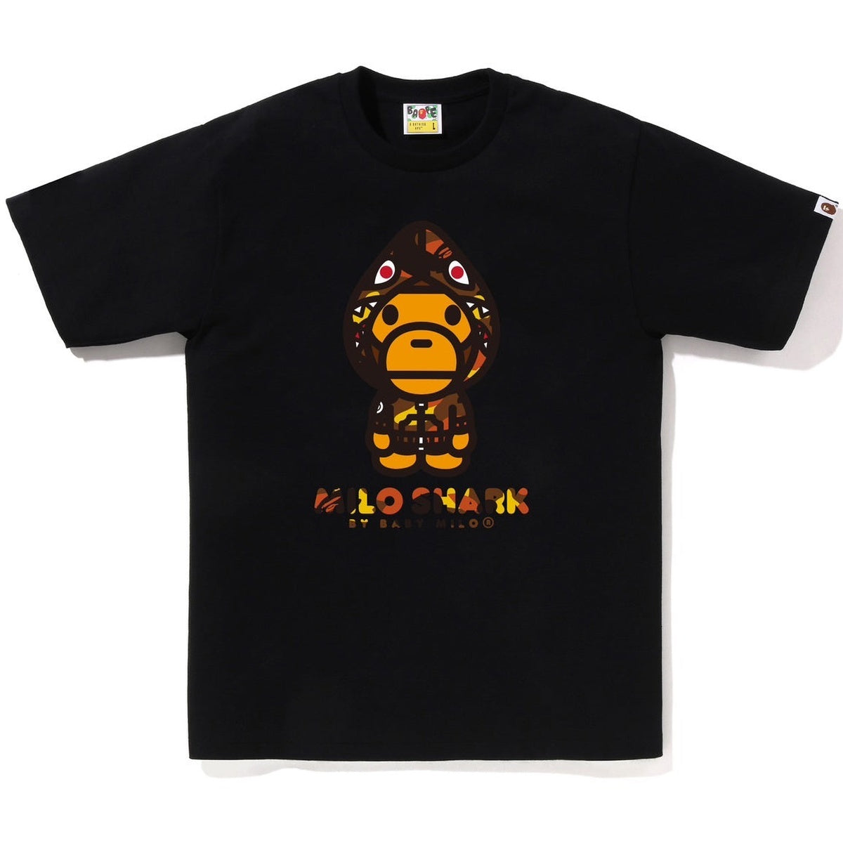 A BATHING APE BAPE 1ST CAMO MILO SHARK FZH TEE BLACK ORANGE