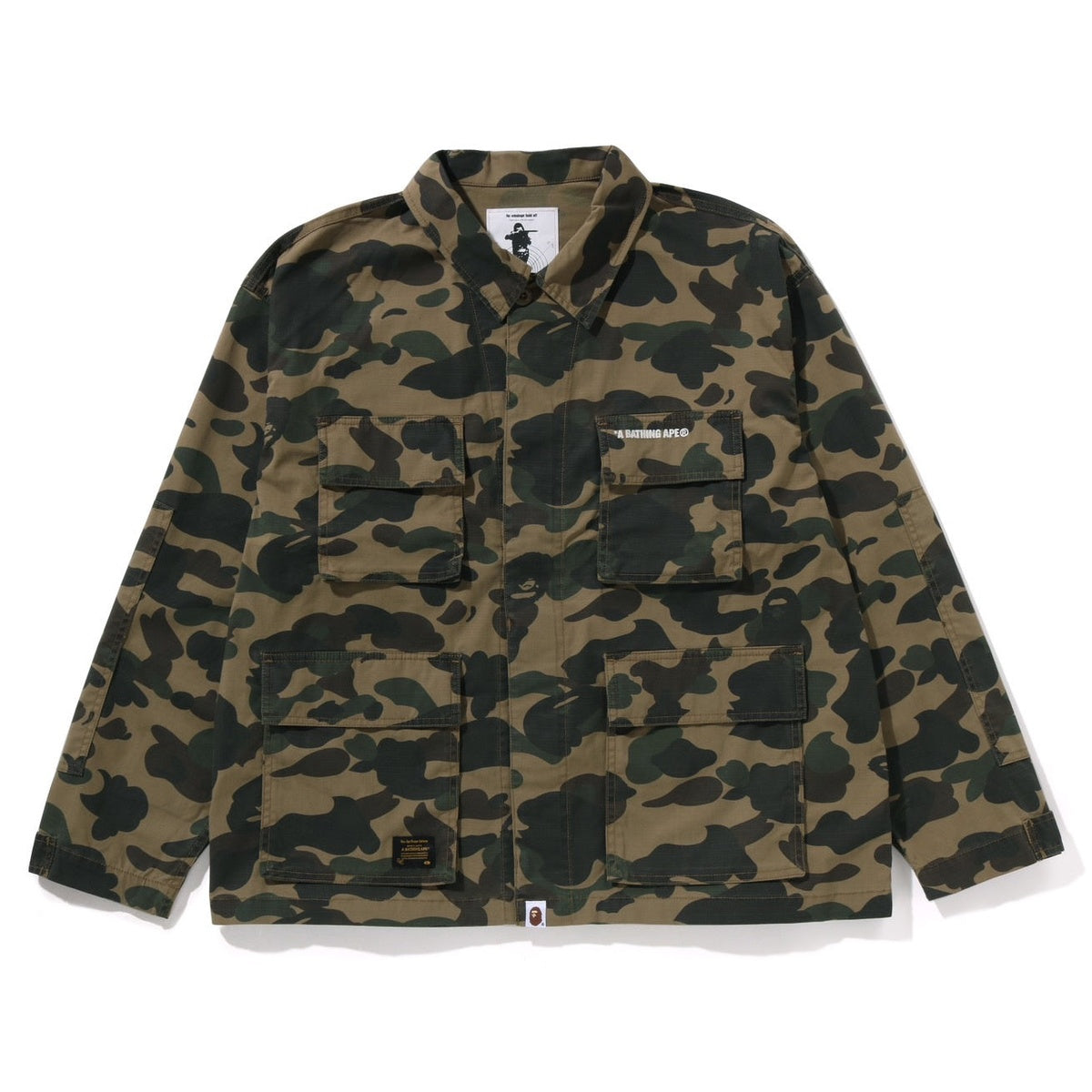 A BATHING APE BAPE 1ST CAMO HEAVY WASHED MULTI POCKET CARGO L/S SHIRT GREEN