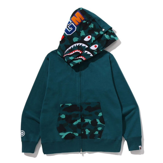 A BATHING APE BAPE COLOR CAMO SHARK FULL ZIP DOUBLE HOODIE GREEN