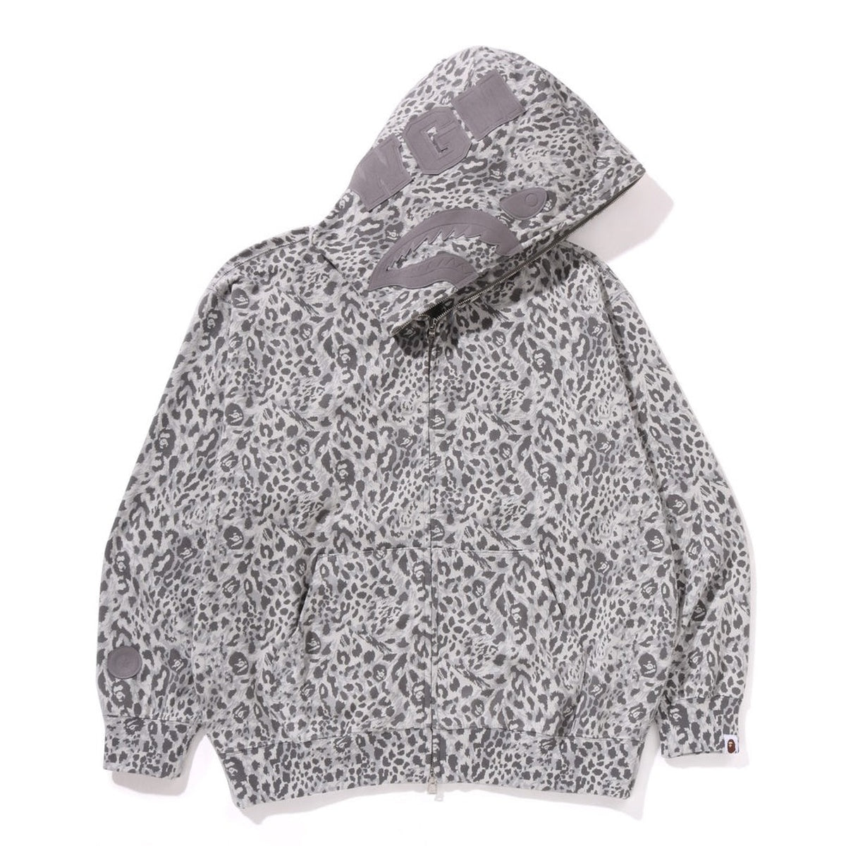 A BATHING APE BAPE WILD LEOPARD PATTERN SHARK RELAXED FULL ZIP HOODIE GRAY