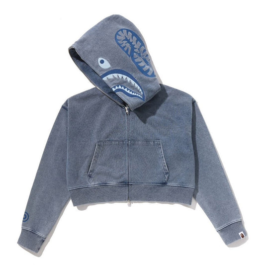 A BATHING APE BAPE Ladies' HEAVY WASHED INDIGO SHARK CROPPED FULL ZIP HOODIE LIGHT INDIGO