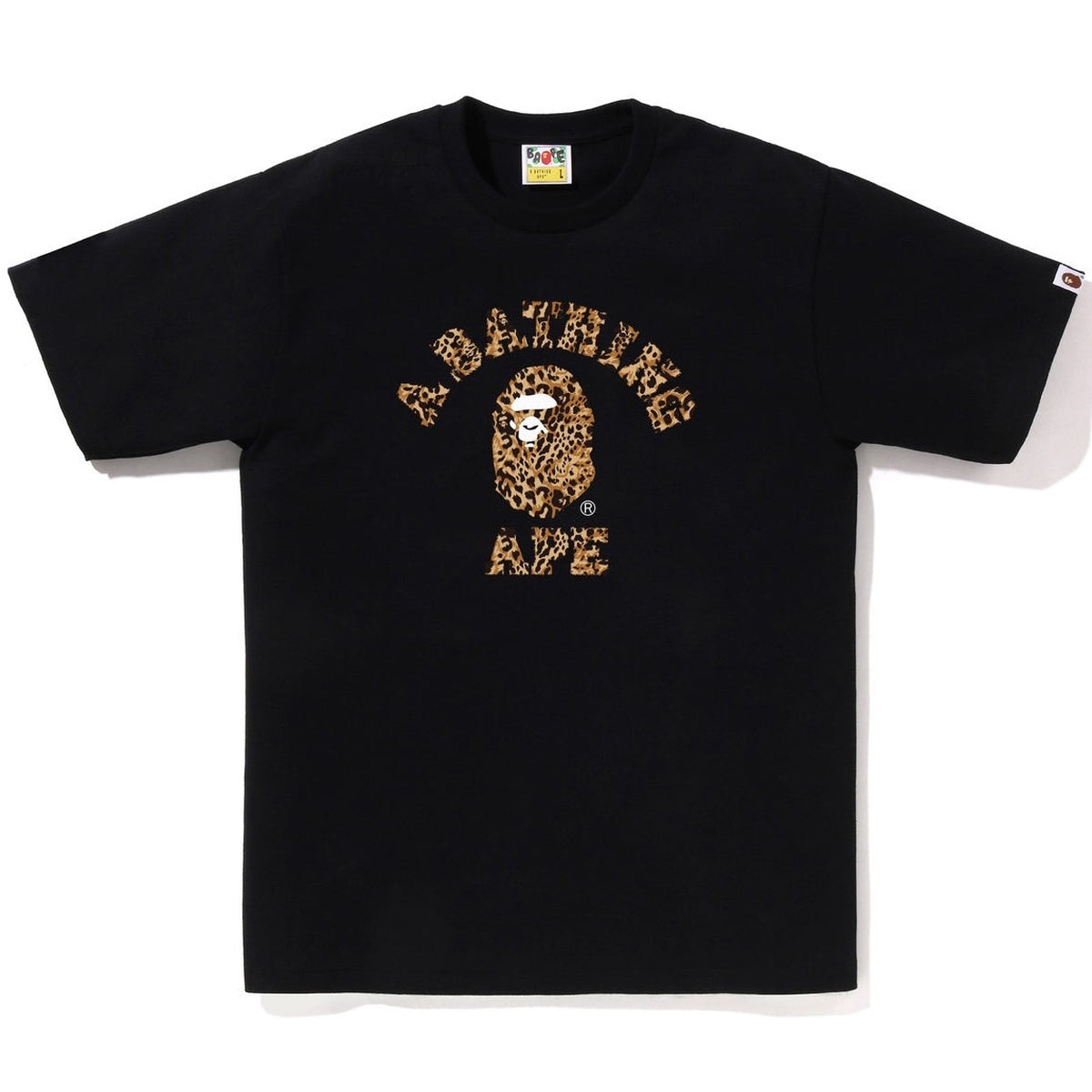 A BATHING APE BAPE WILD LEOPARD PATTERN COLLEGE TEE BLACK BEIGE