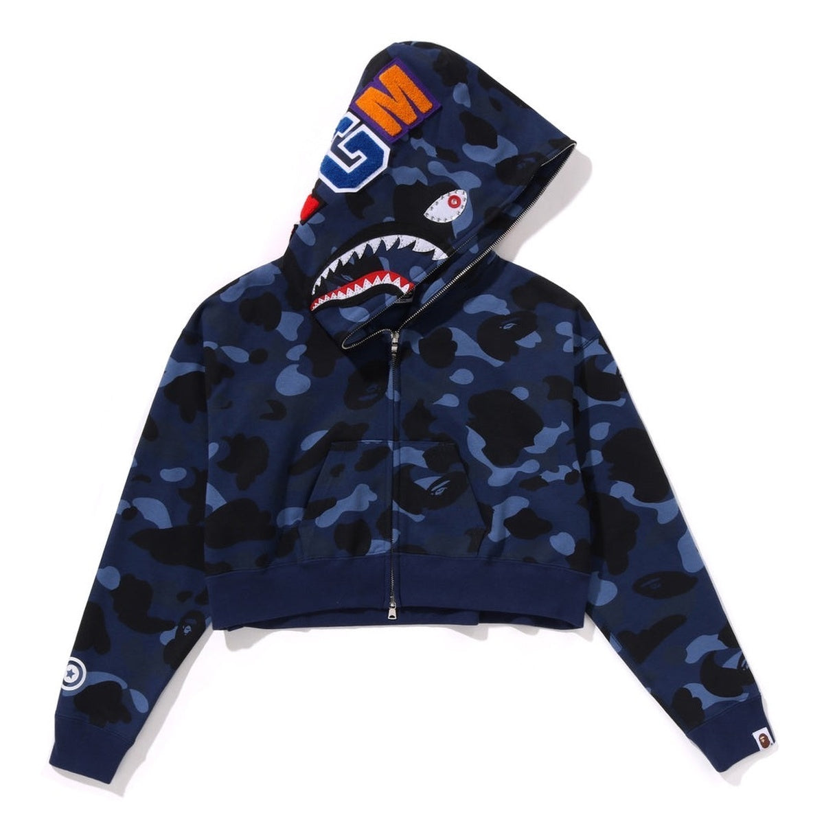 A BATHING APE BAPE Ladies' COLOR CAMO CRYSTAL STONE SHARK CROPPED FULL ZIP HOODIE NAVY