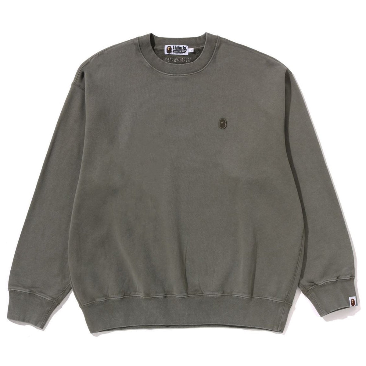 A BATHING APE BAPE GARMENT DYE ONE POINT RELAXED FIT CREWNECK SWEAT SHIRT OLIVE