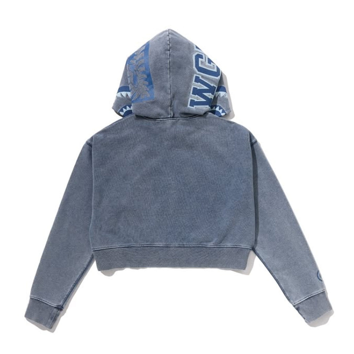 A BATHING APE BAPE Ladies' HEAVY WASHED INDIGO SHARK CROPPED FULL ZIP HOODIE LIGHT INDIGO