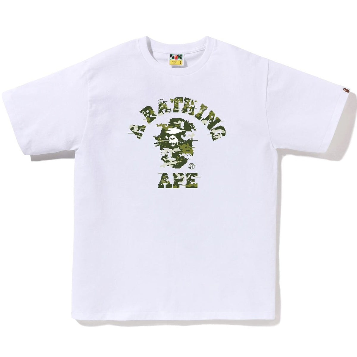 A BATHING APE BAPE MULTI PIXEL CAMO COLLEGE TEE WHITE GREEN