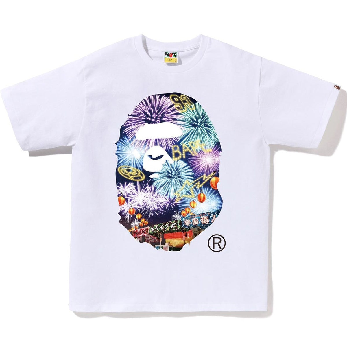 A BATHING APE BAPE FIREWORK APE HEAD PHOTO TEE WHITE