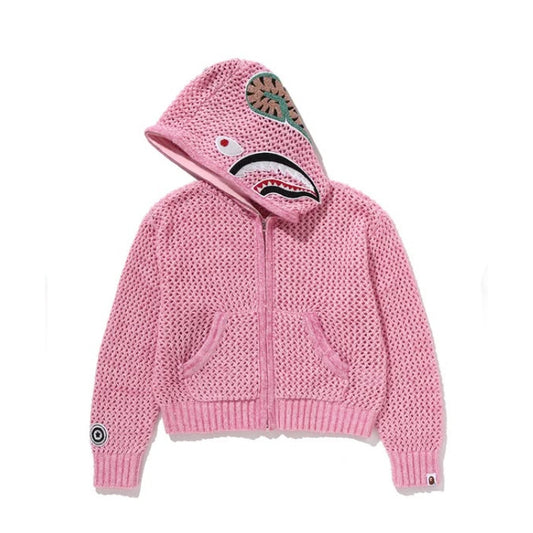 A BATHING APE BAPE LADIES' METALLIC CROCHET SHARK FULL ZIP HOODIE PINK