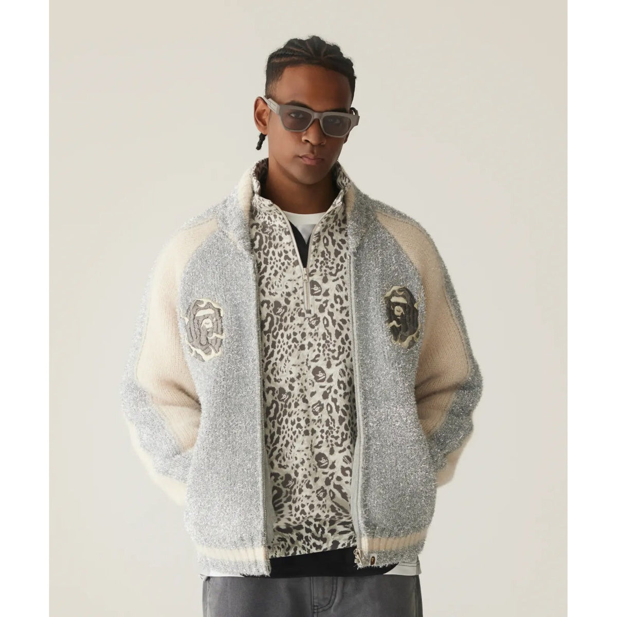 A BATHING APR WILD LEOPARD PATTERN RELAXED HALF ZIP SWEAT SHIRT GRAY