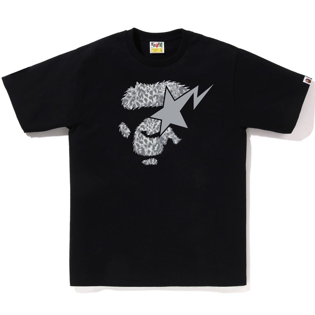 A BATHING APE BAPE WILD LEOPARD PATTERN APE FACE STA TEE BLACK
