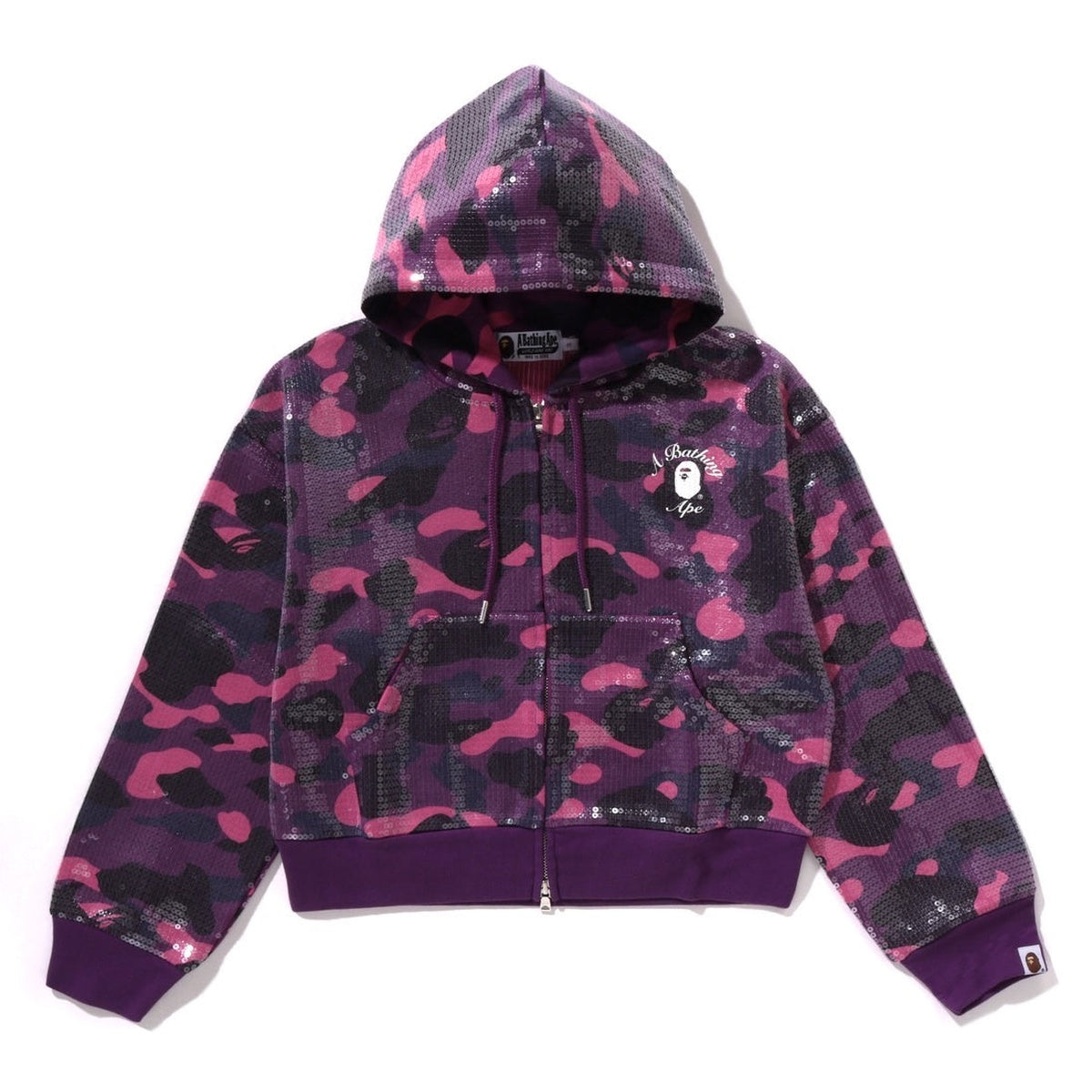 A BATHING APE BAPE Ladies' COLOR CAMO APE HEAD SEQUIN CROPPED FULL ZIP HOODIE PURPLE