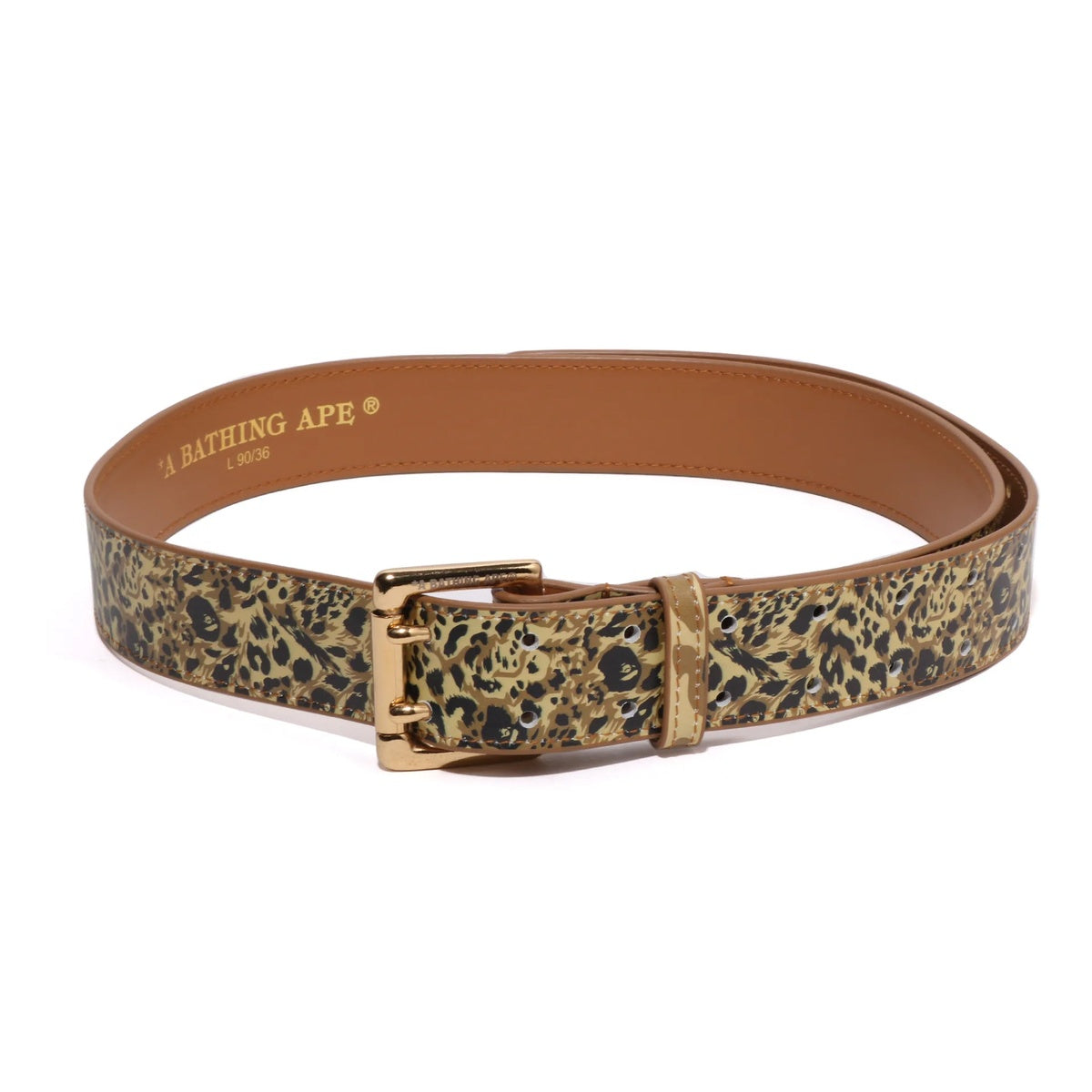 A BATHING APE BAPE WILD LEOPARD PATTERN LEATHER BELT BROWN