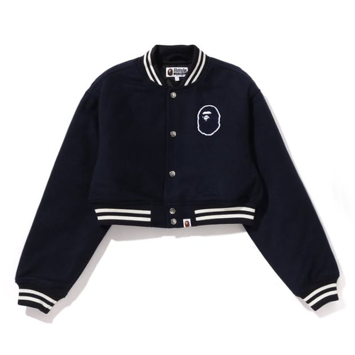 A BATHING APE BAPE Ladies' A BATHING APE BAPE CROPPED VARSITY JACKET NAVY