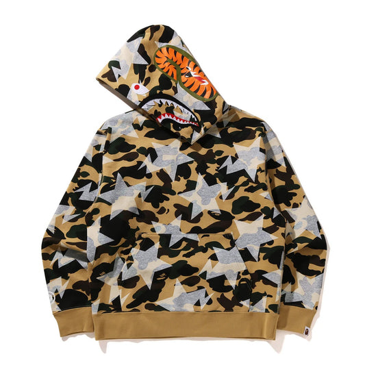 A BATHING APE BAPE STA OVER PRINT 1ST CAMO SHARK CROPPED FIT PULLOVER HOODIE YELLOW