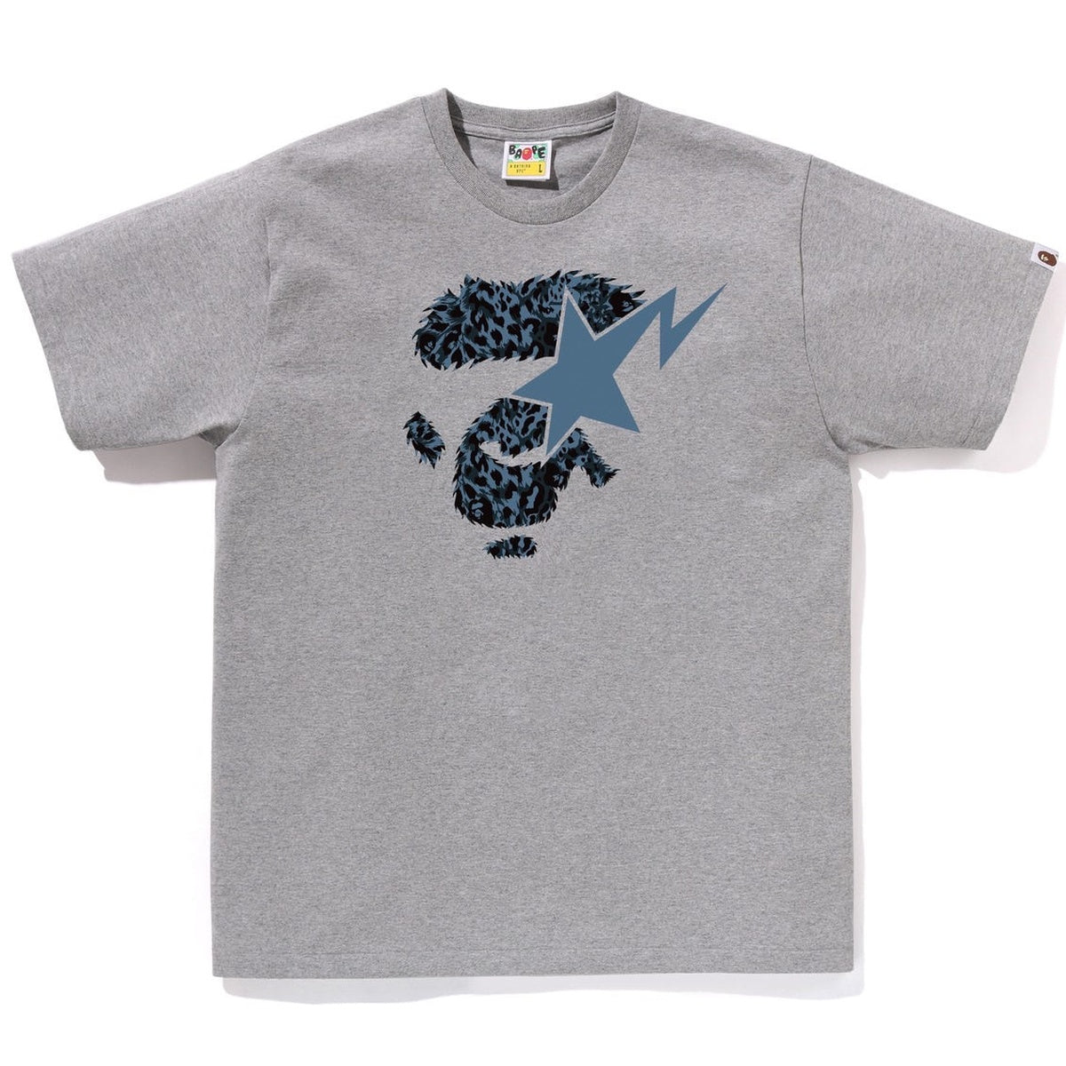 A BATHING APE BAPE WILD LEOPARD PATTERN APE FACE STA TEE GRAY