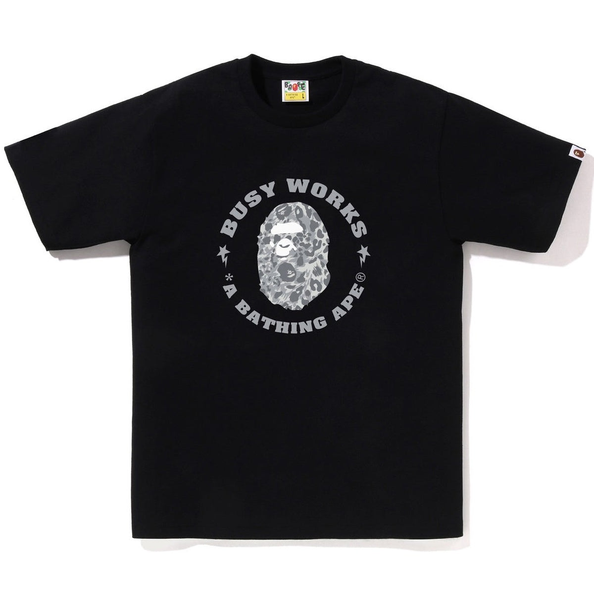 A BATHING APE BAPE WILD LEOPARD PATTERN BUSY WORKS STA TEE BLACK
