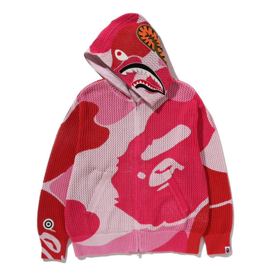 A BATHING APE BAPE ABC CAMO CROCHET SHARK RELAXED FIT FULL ZIP HOODIE PINK