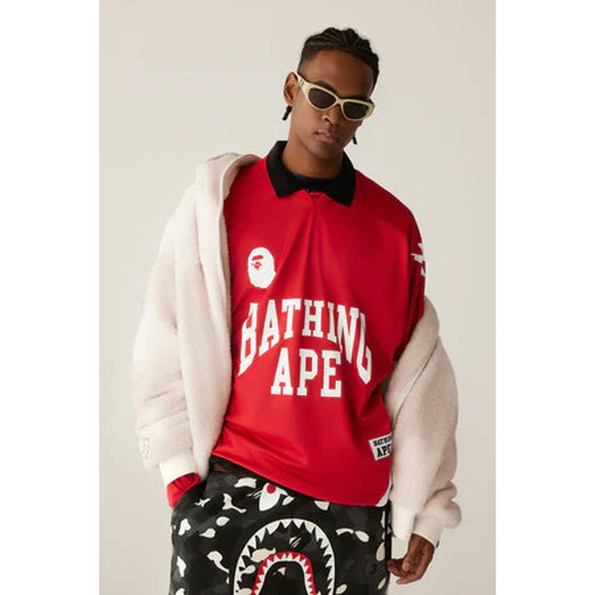 A BATHING APE BAPE LINE CAMO JACQUARD LOGO RELAXED FIT ICE HOCKEY JERSEY BLACK