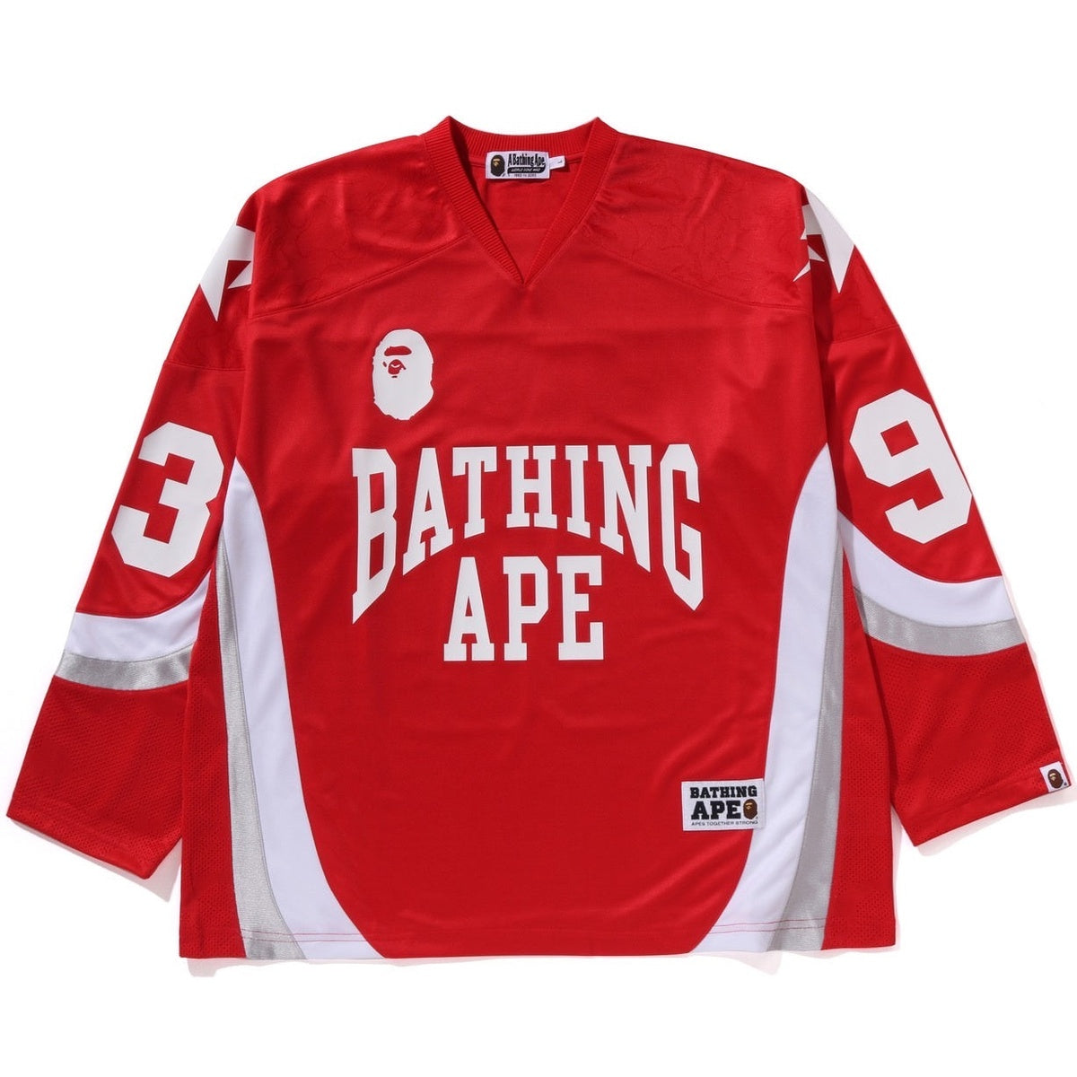 A BATHING APE BAPE LINE CAMO JACQUARD LOGO RELAXED FIT ICE HOCKEY JERSEY RED