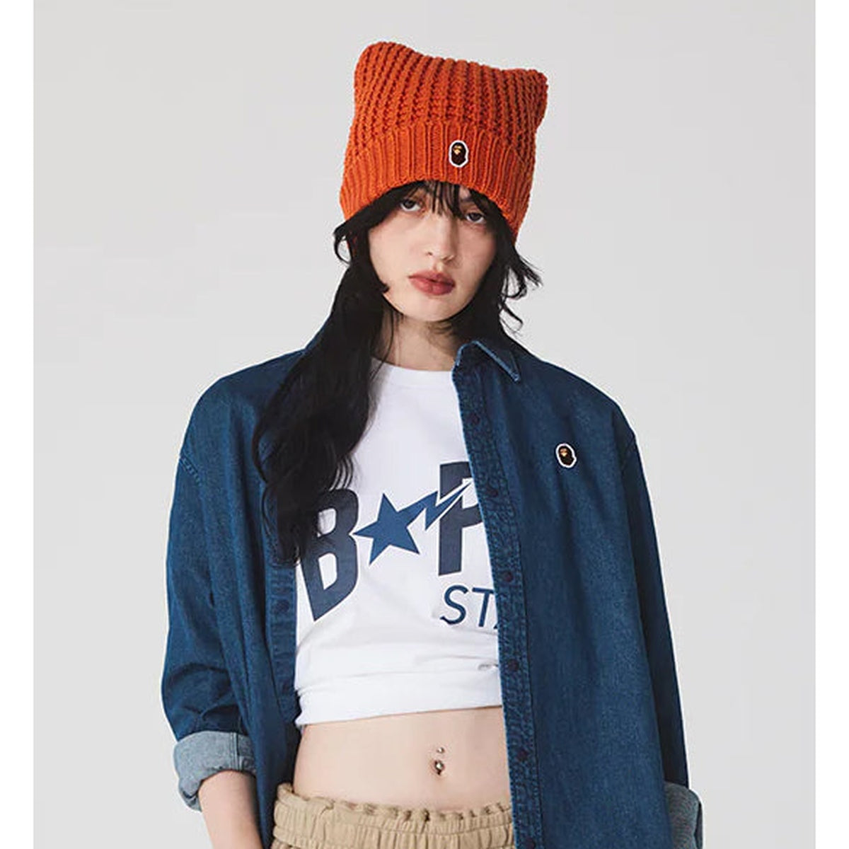 A BATHING APE Ladies' DENIM BAPE STA LOGO TEE BLACK