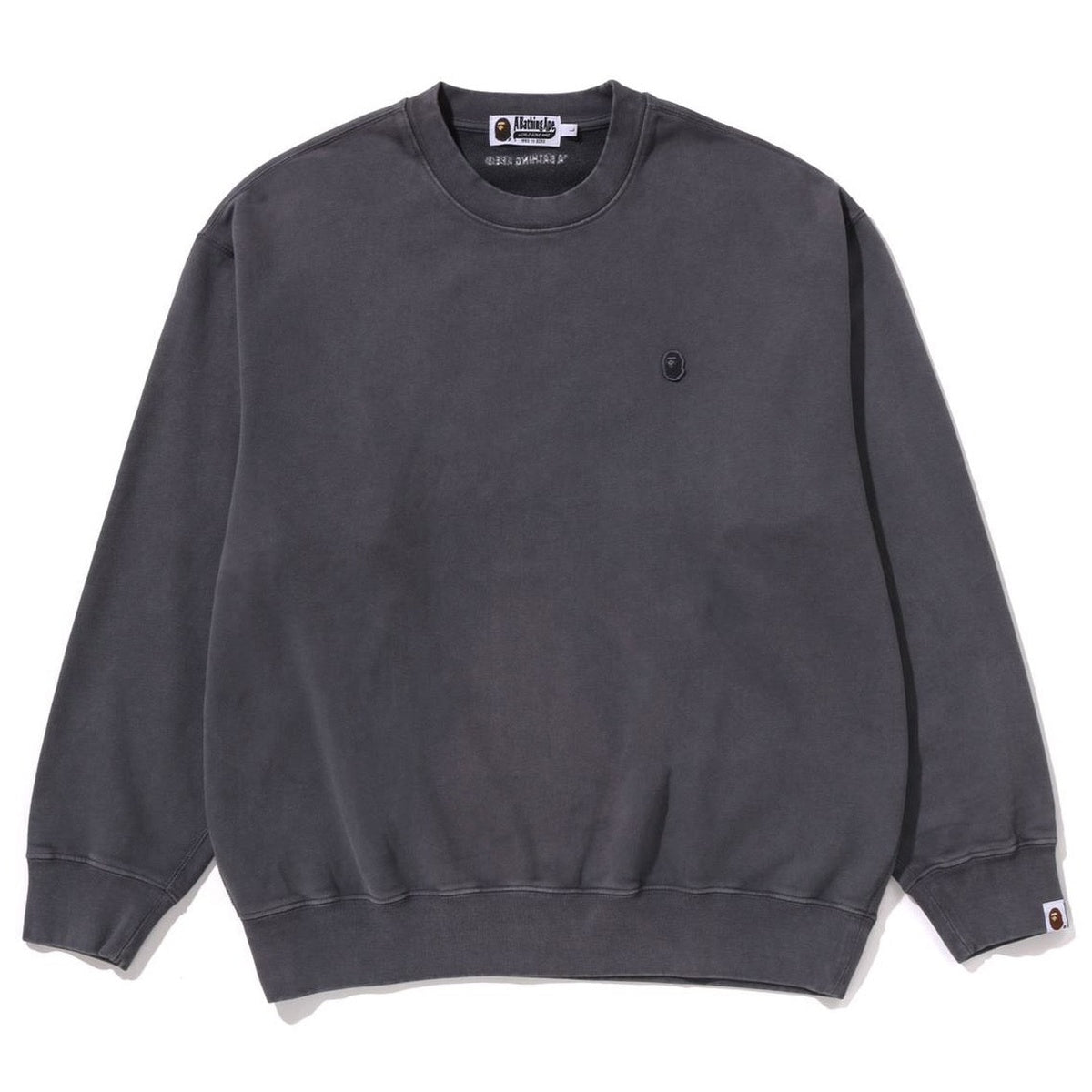 A BATHING APE BAPE GARMENT DYE ONE POINT RELAXED FIT CREWNECK SWEAT SHIRT CHARCOAL