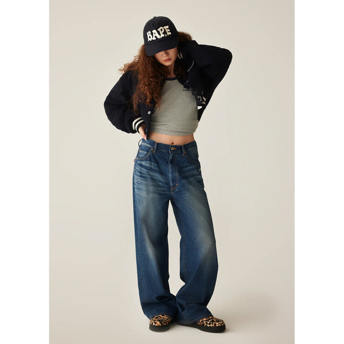 A BATHING APE BAPE Ladies' A BATHING APE BAPE CROPPED VARSITY JACKET NAVY