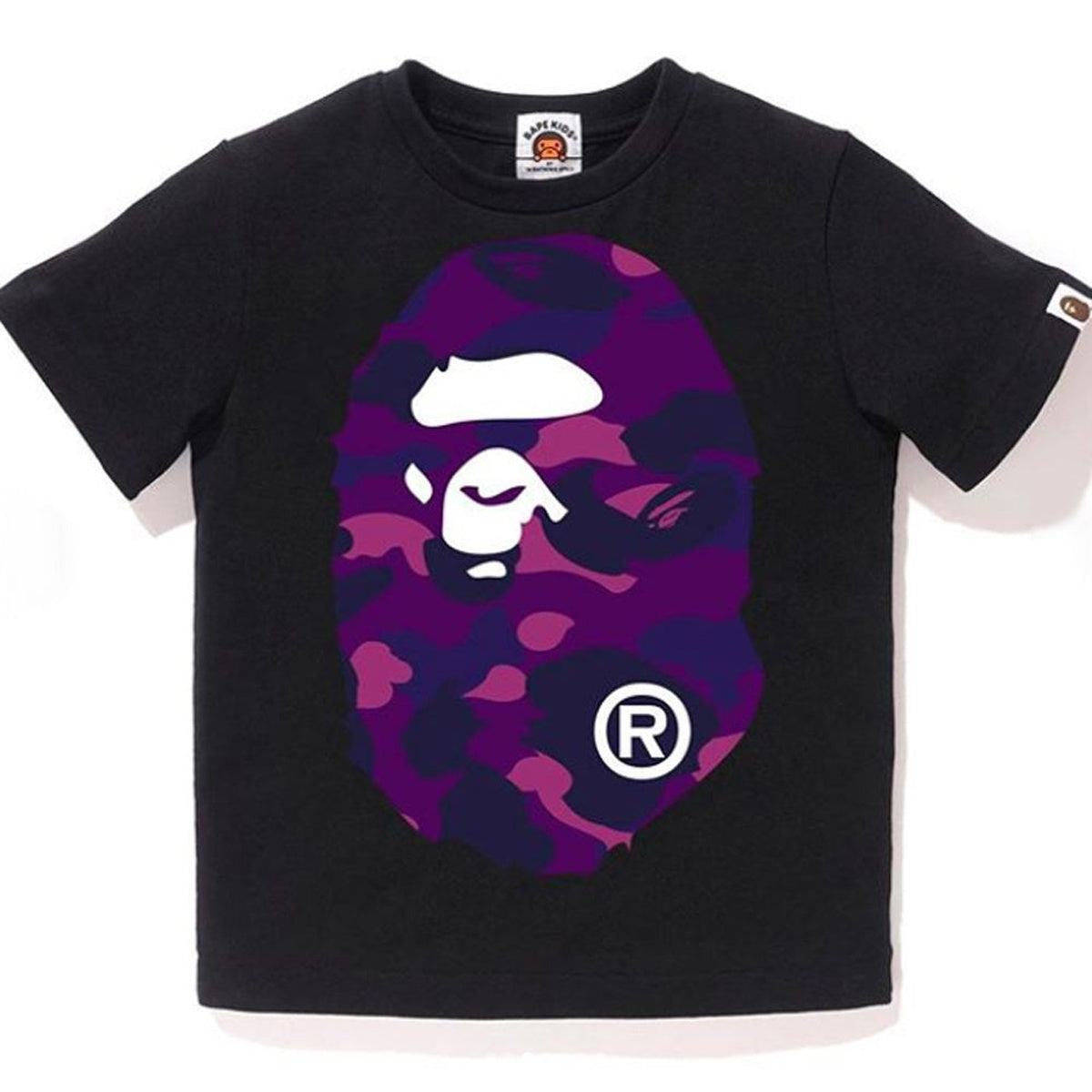 A BATHING APE BAPE KIDS COLOR CAMO BIG APE HEAD TEE BLACK PURPLE