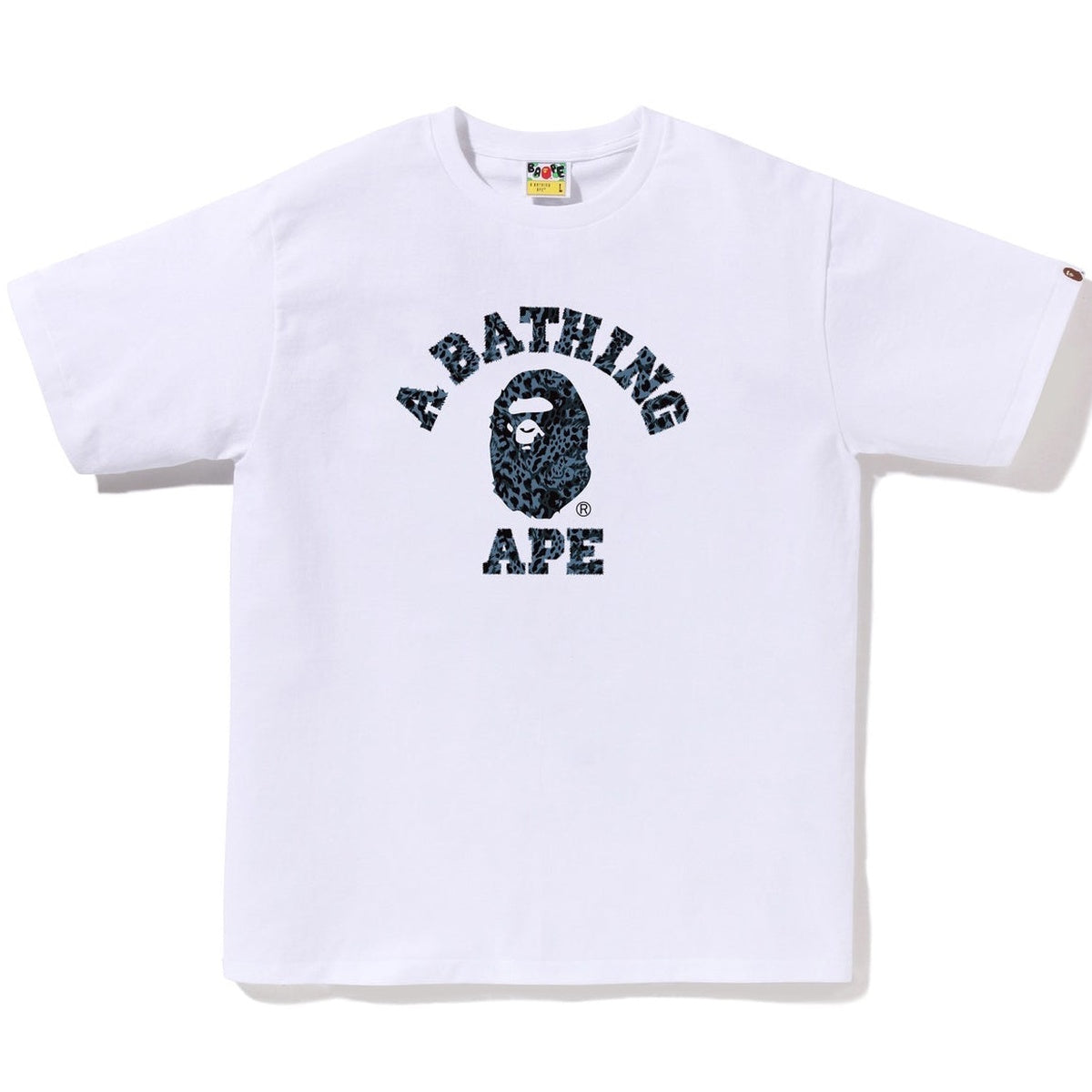 A BATHING APE BAPE WILD LEOPARD PATTERN COLLEGE TEE WHITE NAVY