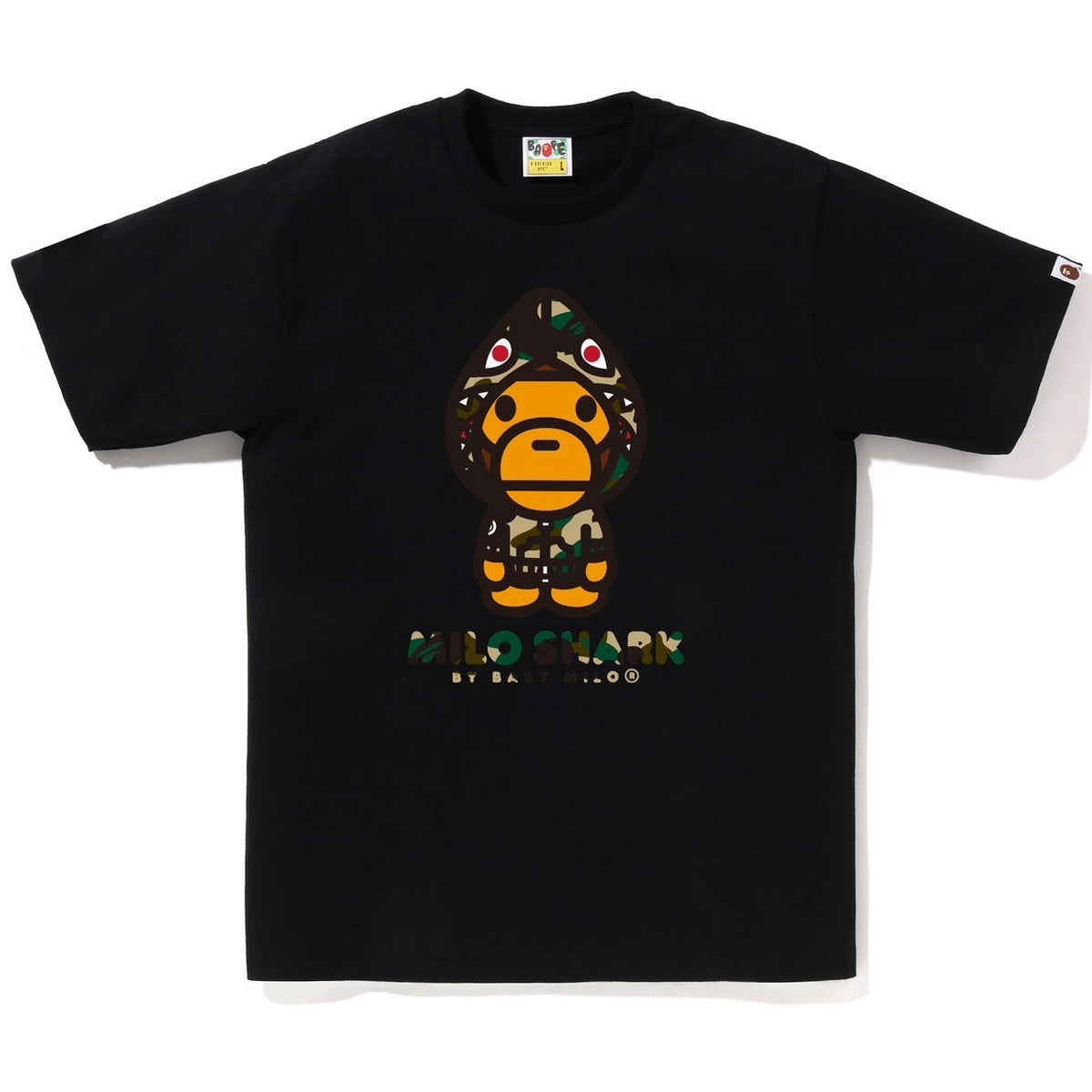 A BATHING APE BAPE 1ST CAMO MILO SHARK FZH TEE BLACK YELLOW