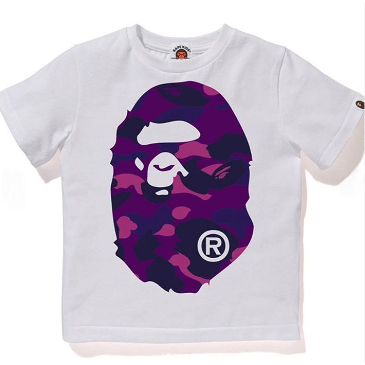 A BATHING APE BAPE KIDS COLOR CAMO BIG APE HEAD TEE WHITE PURPLE