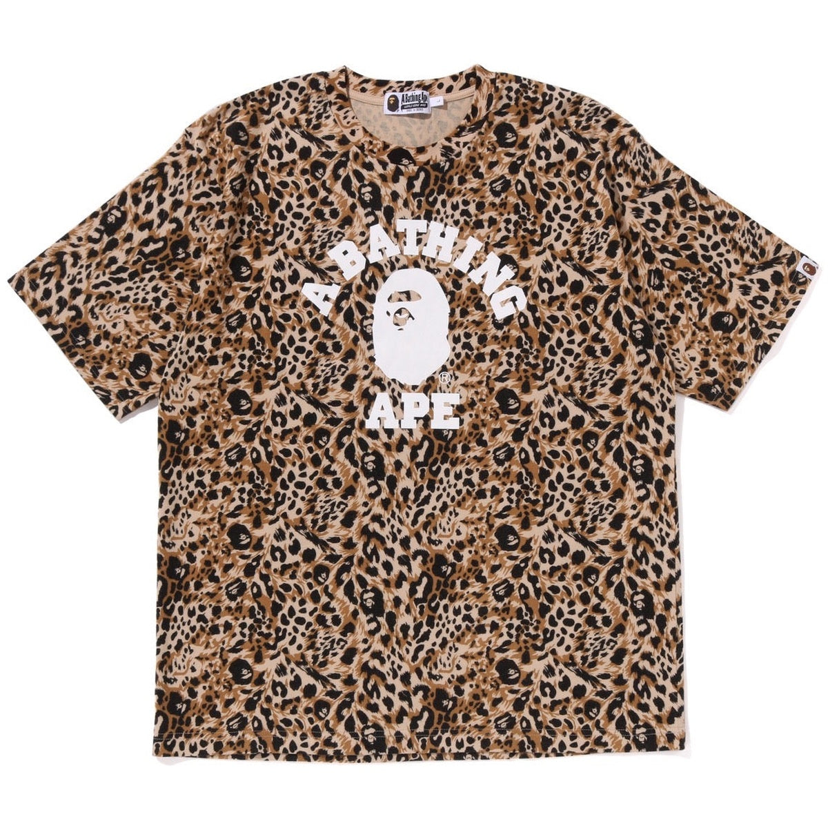 A BATHING APE BAPE WILD LEOPARD PATTERN COLLEGE RELAXED FIT TEE BEIGE
