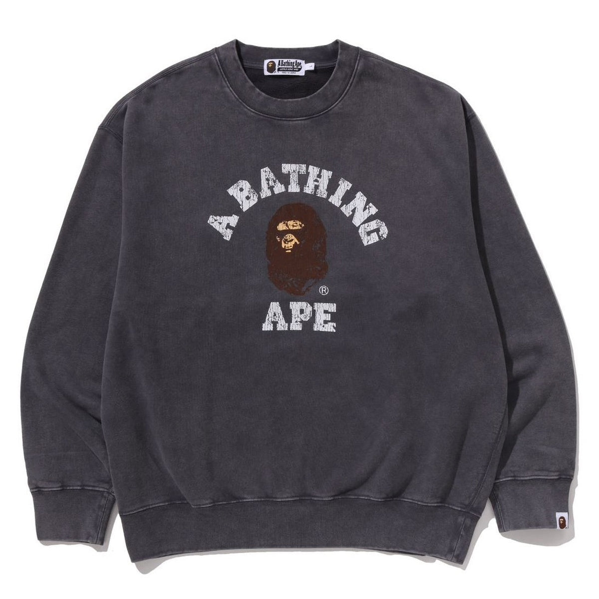 A BATHING APE BAPE GARMENT DYE COLLEGE RELAXED FIT CREWNECK SWEAT SHIRT CHARCOAL