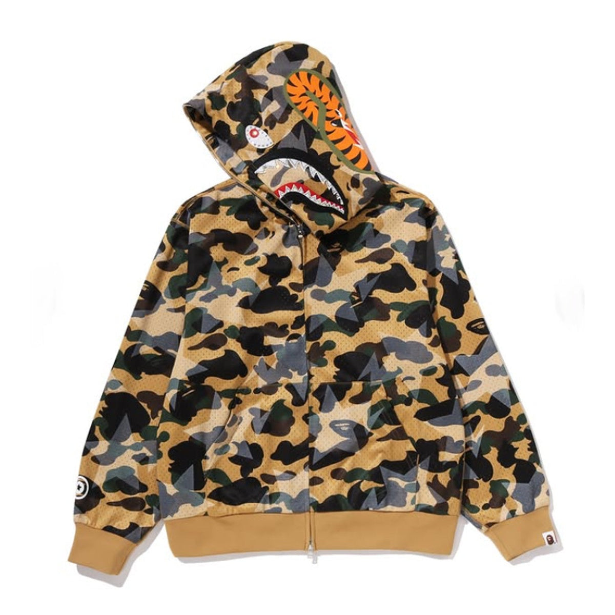 A BATHING APE BAPE STA OVER PRINT 1ST CAMO MESH SHARK CROPPED FIT FULL ZIP HOODIE YELLOW