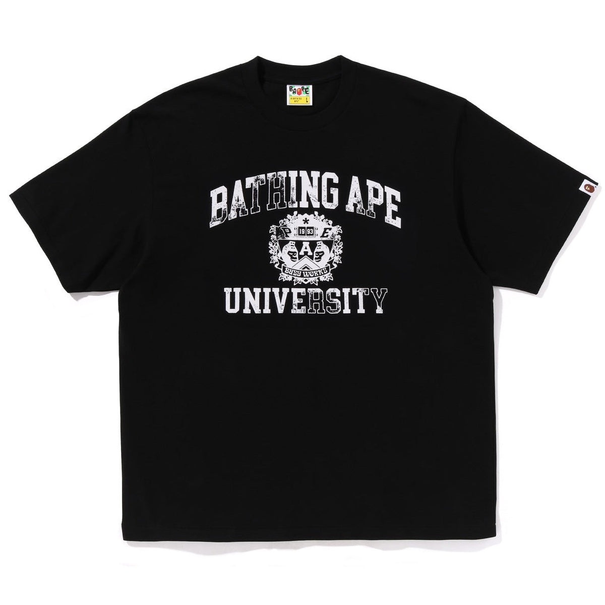 A BATHING APE BAPE SPRAY PRINT COLLEGE LOGO RELAXED FIT TEE BLACK