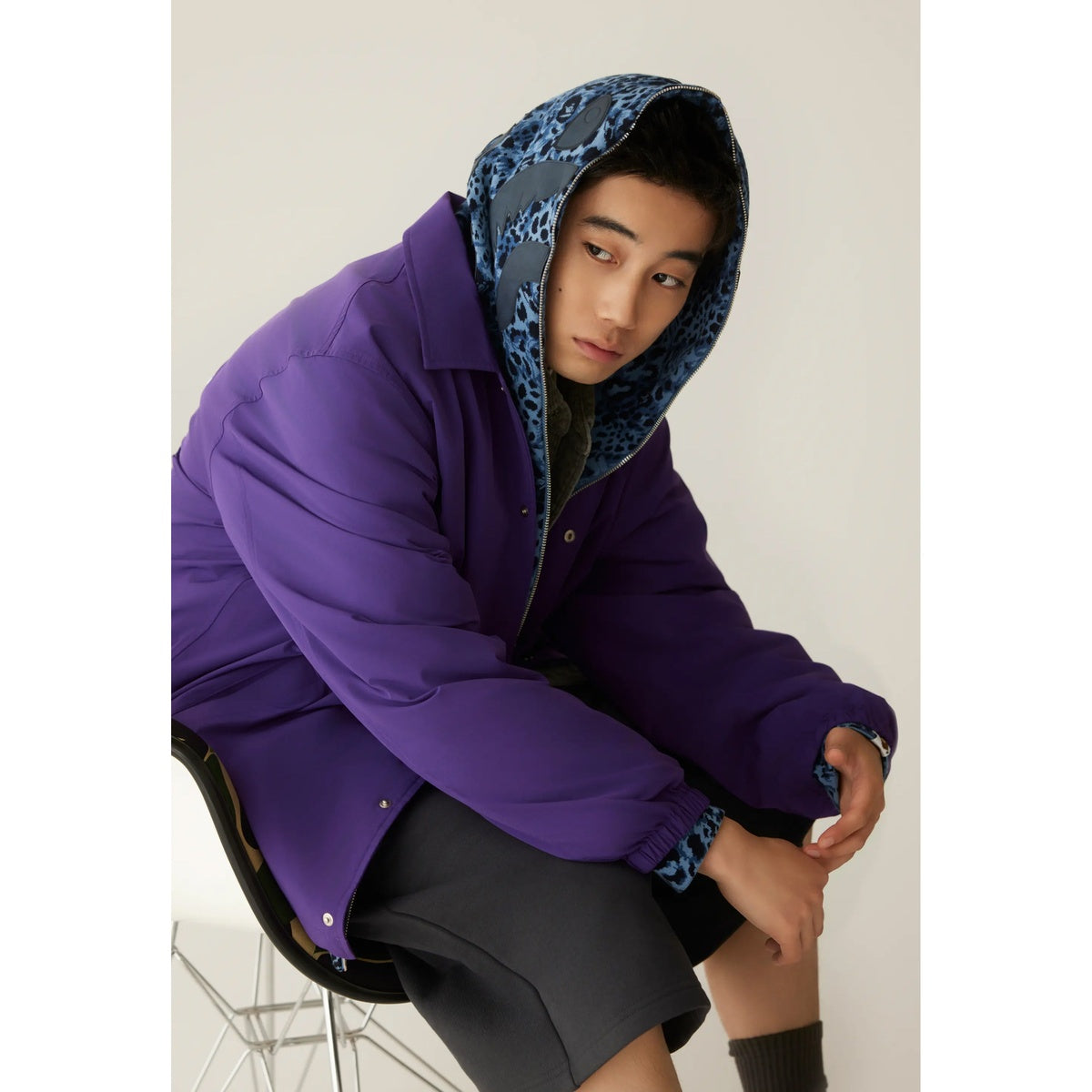 A BATHING APE BAPE WILD LEOPARD PATTERN SHARK RELAXED FULL ZIP HOODIE GRAY