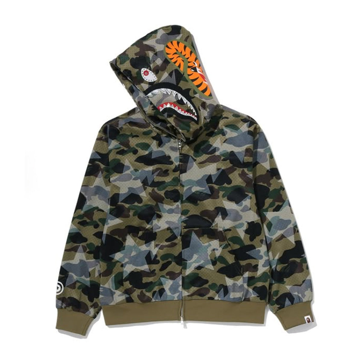 A BATHING APE BAPE STA OVER PRINT 1ST CAMO MESH SHARK CROPPED FIT FULL ZIP HOODIE GREEN