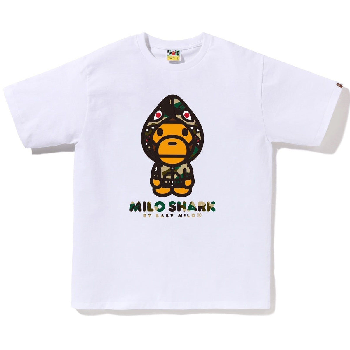 A BATHING APE BAPE 1ST CAMO MILO SHARK FZH TEE WHITE YELLOW