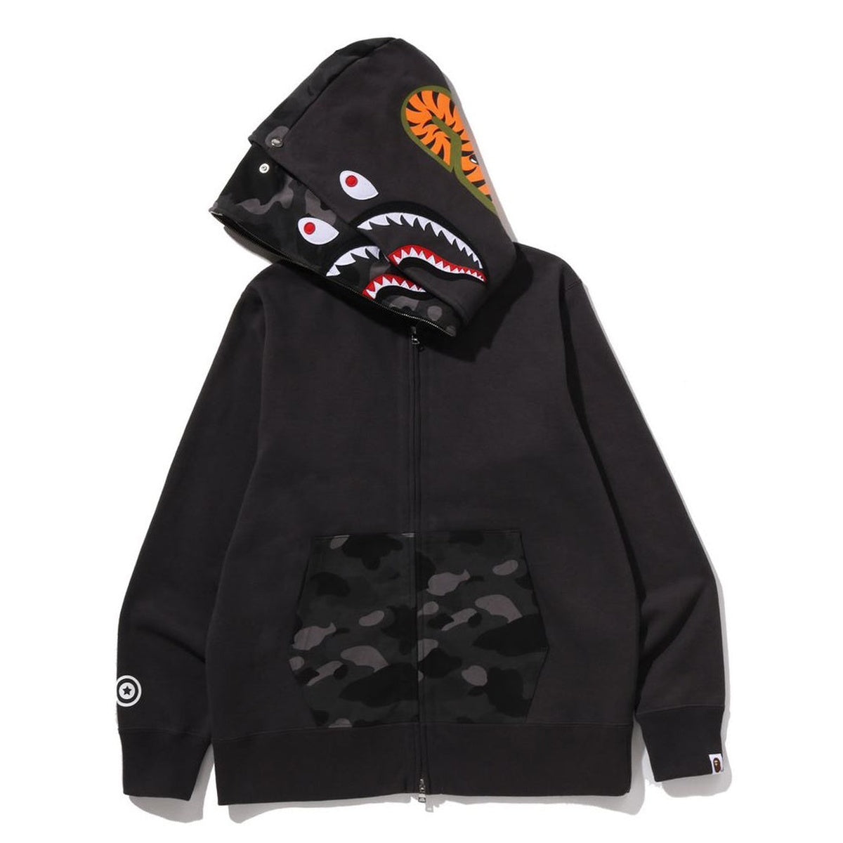 A BATHING APE BAPE COLOR CAMO SHARK FULL ZIP DOUBLE HOODIE BLACK