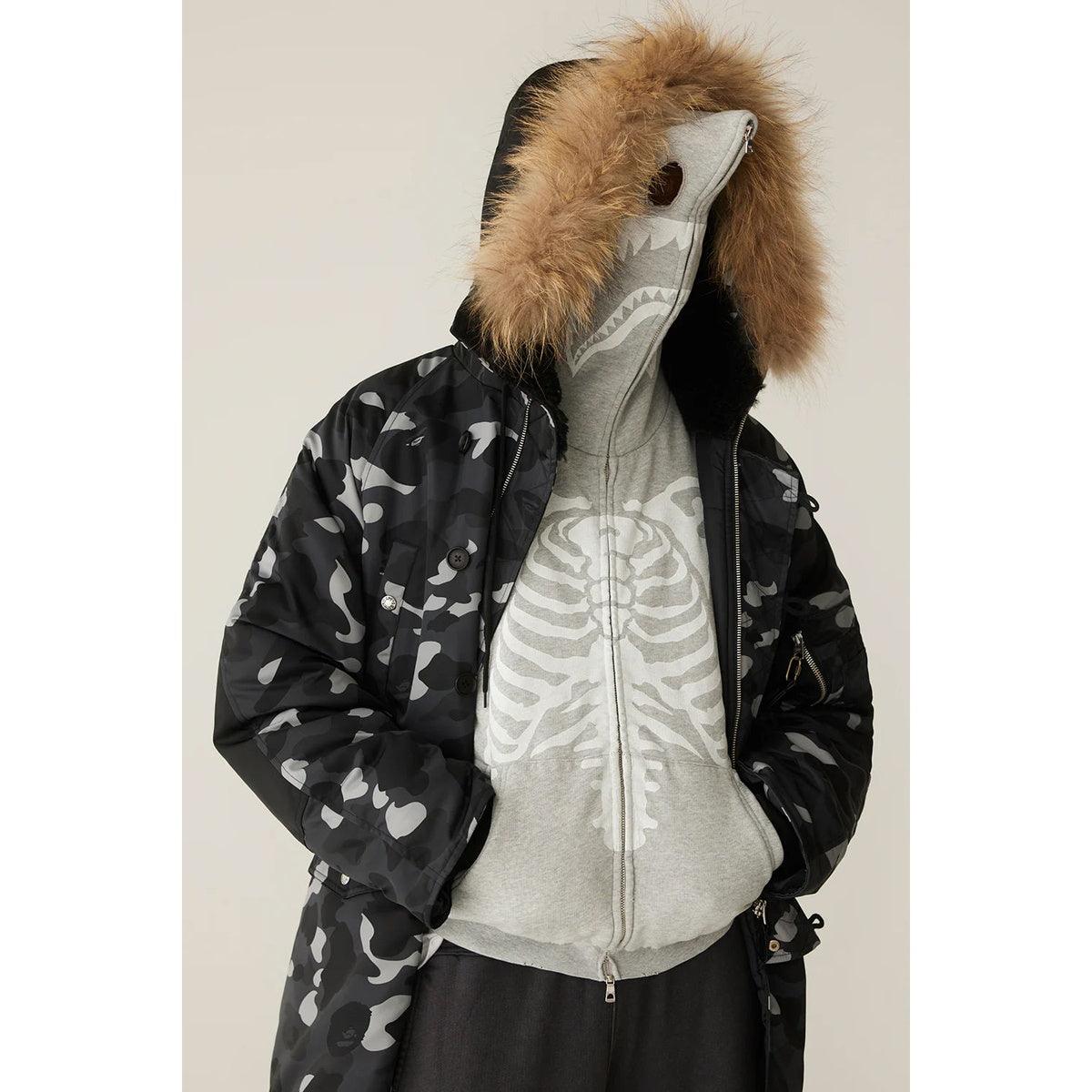 A BATHING APE BAPE SKELETON SHARK HEAVY WASHED CROPPED FIT FULL ZIP HOODIE GRAY