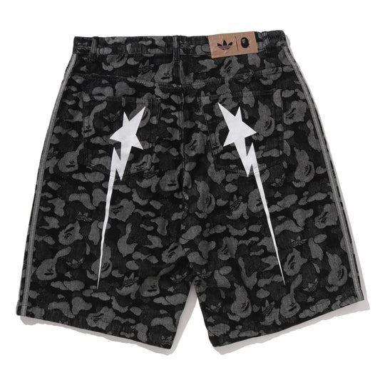 A BATHING APE BAPE ADIDAS World Cup Pack CAMO JACQUARD SHARK DENIM JORTS BLACK