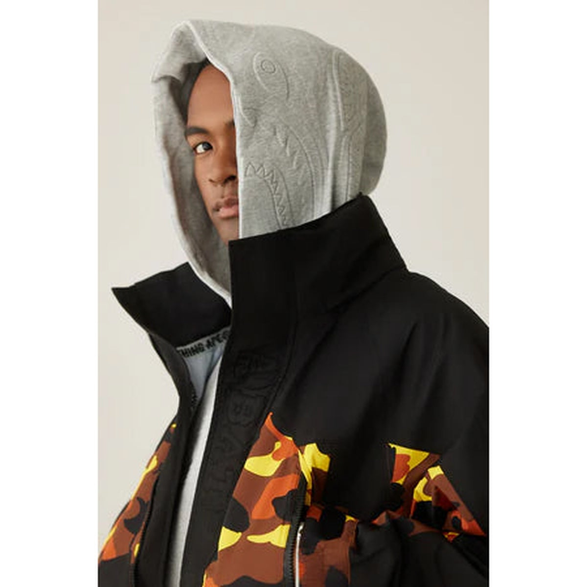 A BATHING APE BAPE PADDED SHARK CROPPED FIT PULLOVER HOODIE GRAY